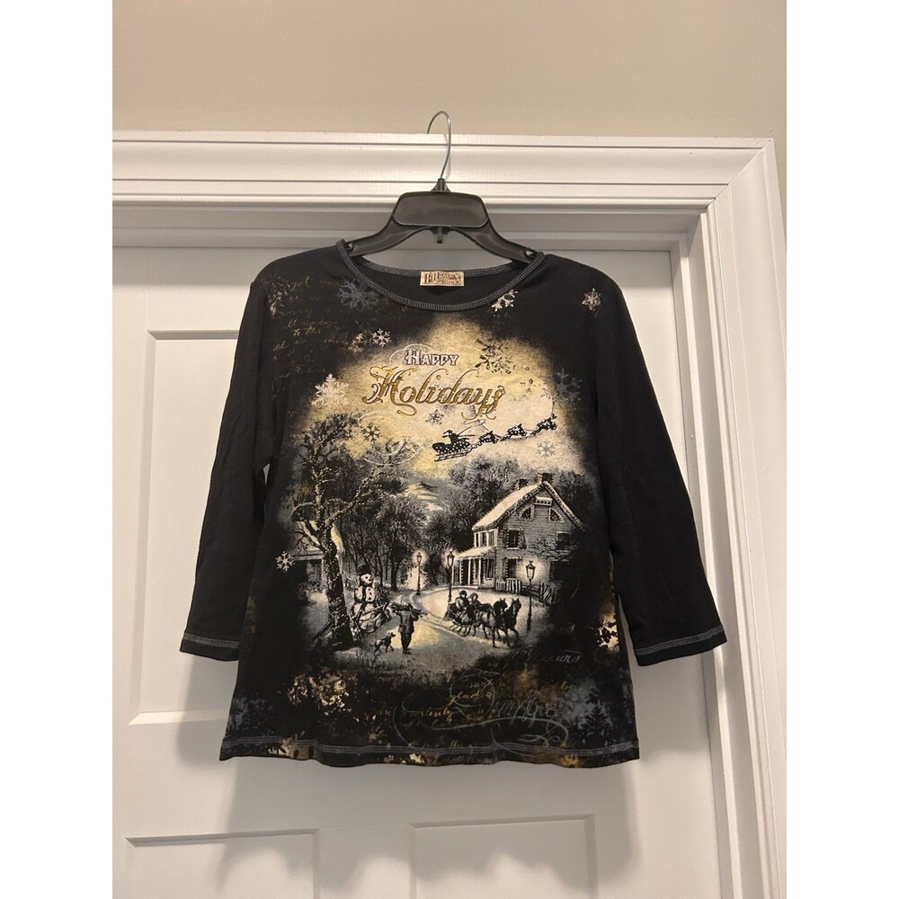 Blue Canyon Top Women Black Happy Holidays Embellish 3/4 Sleeve Large Petite Y2K